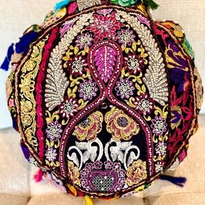 Eyes of India - Handmade Embroidered & Beaded Boho Accent Pillow - Multicolor